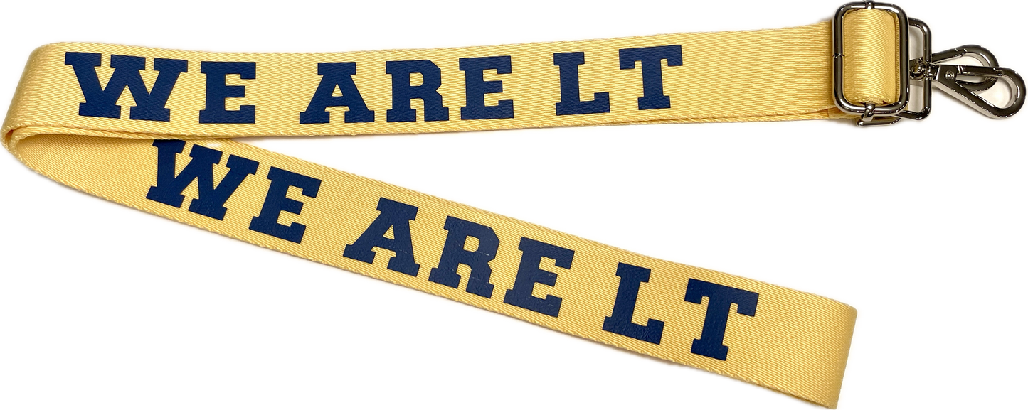 Yellow strap with 'WE ARE LT' text on a white background