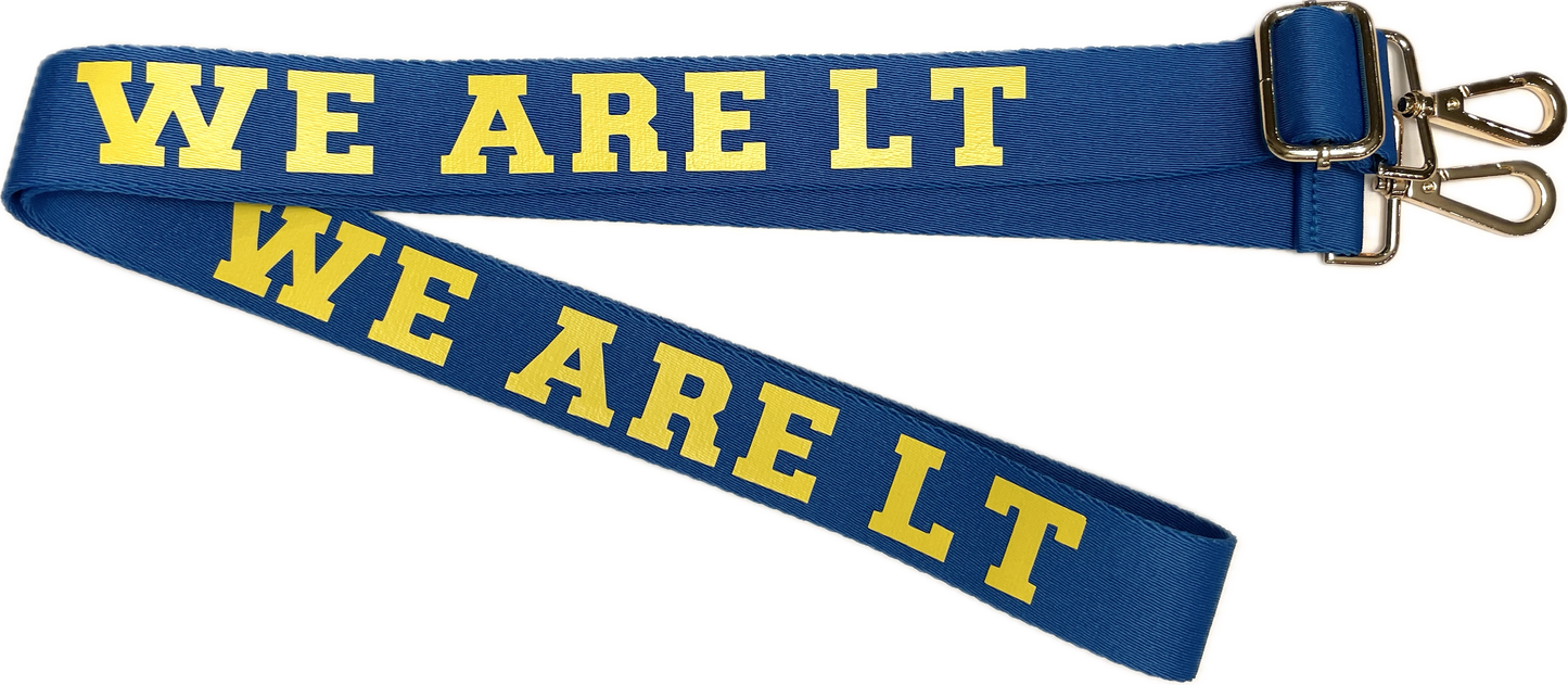 Blue strap with yellow text 'WE ARE LT' on a white background